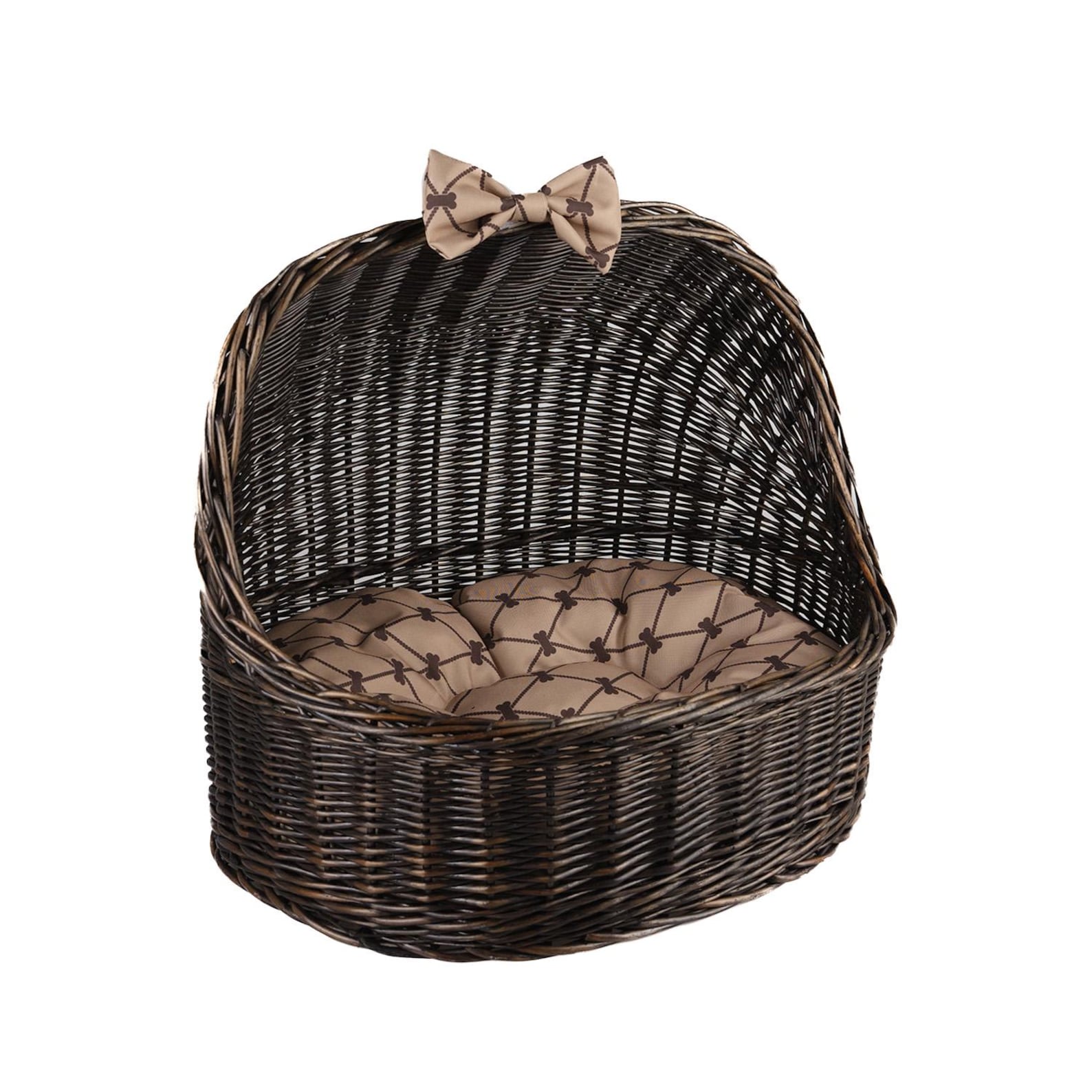 ChonkyNest Handwoven Wicker Dome Pet Bed - Classic Indoor Basket with Plush Cushion & Bow