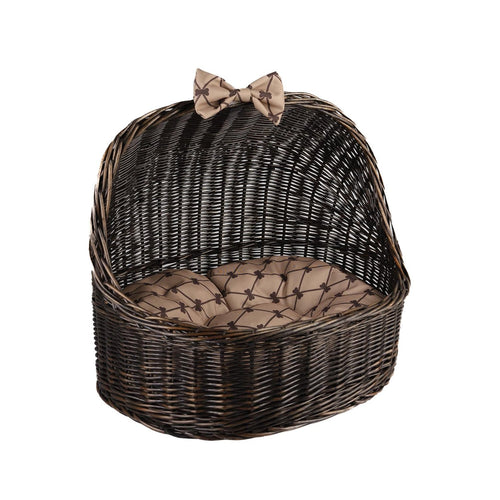 ChonkyNest Handwoven Wicker Dome Pet Bed - Classic Indoor Basket with Plush Cushion & Bow