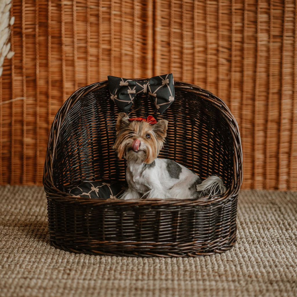ChonkyNest Handwoven Wicker Dome Pet Bed - Classic Indoor Basket with Plush Cushion & Bow