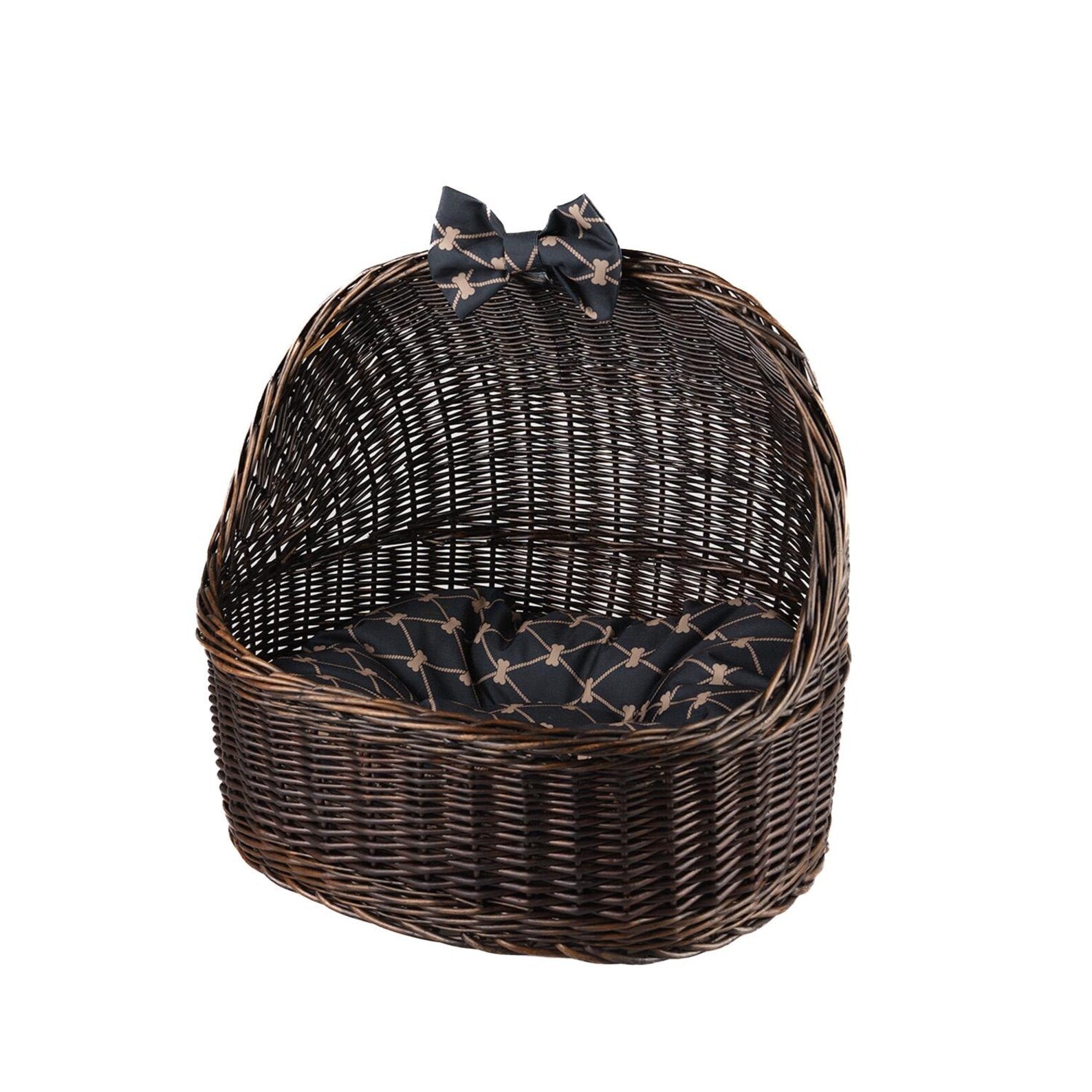ChonkyNest Handwoven Wicker Dome Pet Bed - Classic Indoor Basket with Plush Cushion & Bow
