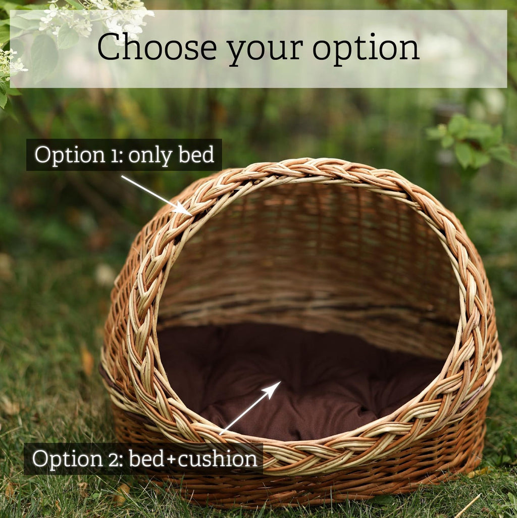 ChonkyNest Natural Wicker Cat Bed - Handcrafted Pet Basket with Soft Cushion