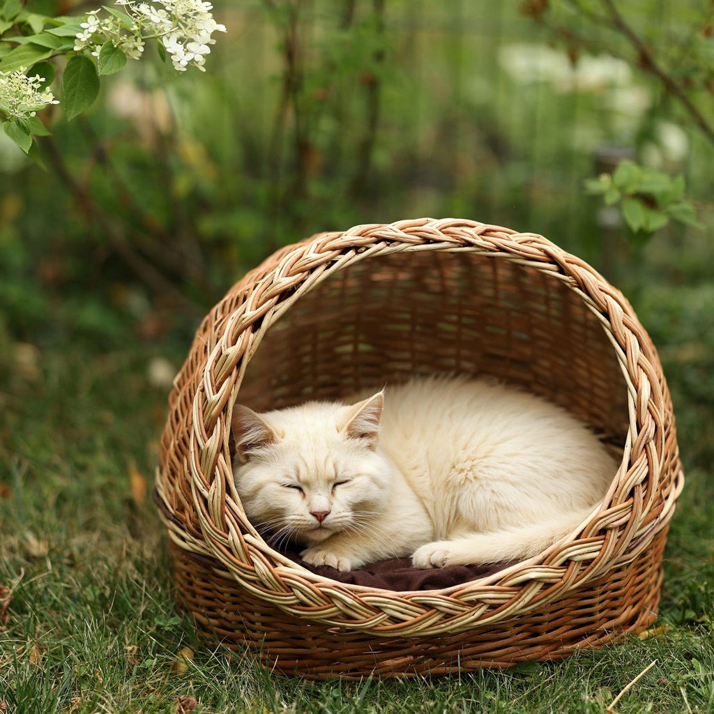 ChonkyNest Natural Wicker Cat Bed - Handcrafted Pet Basket with Soft Cushion